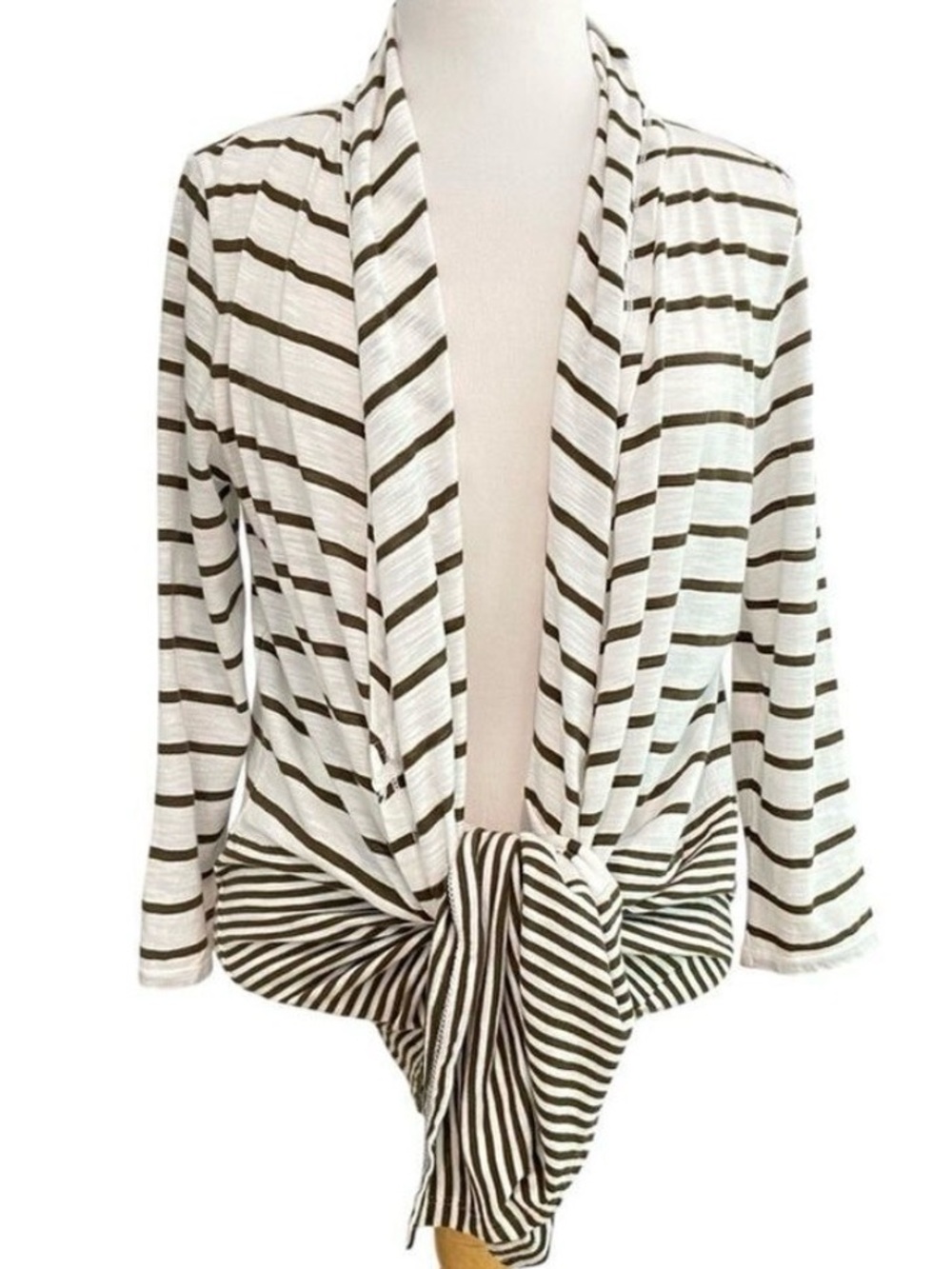 Talbots cardigan wrap sweater ecru white dark green/ brown stripes long sleeve M